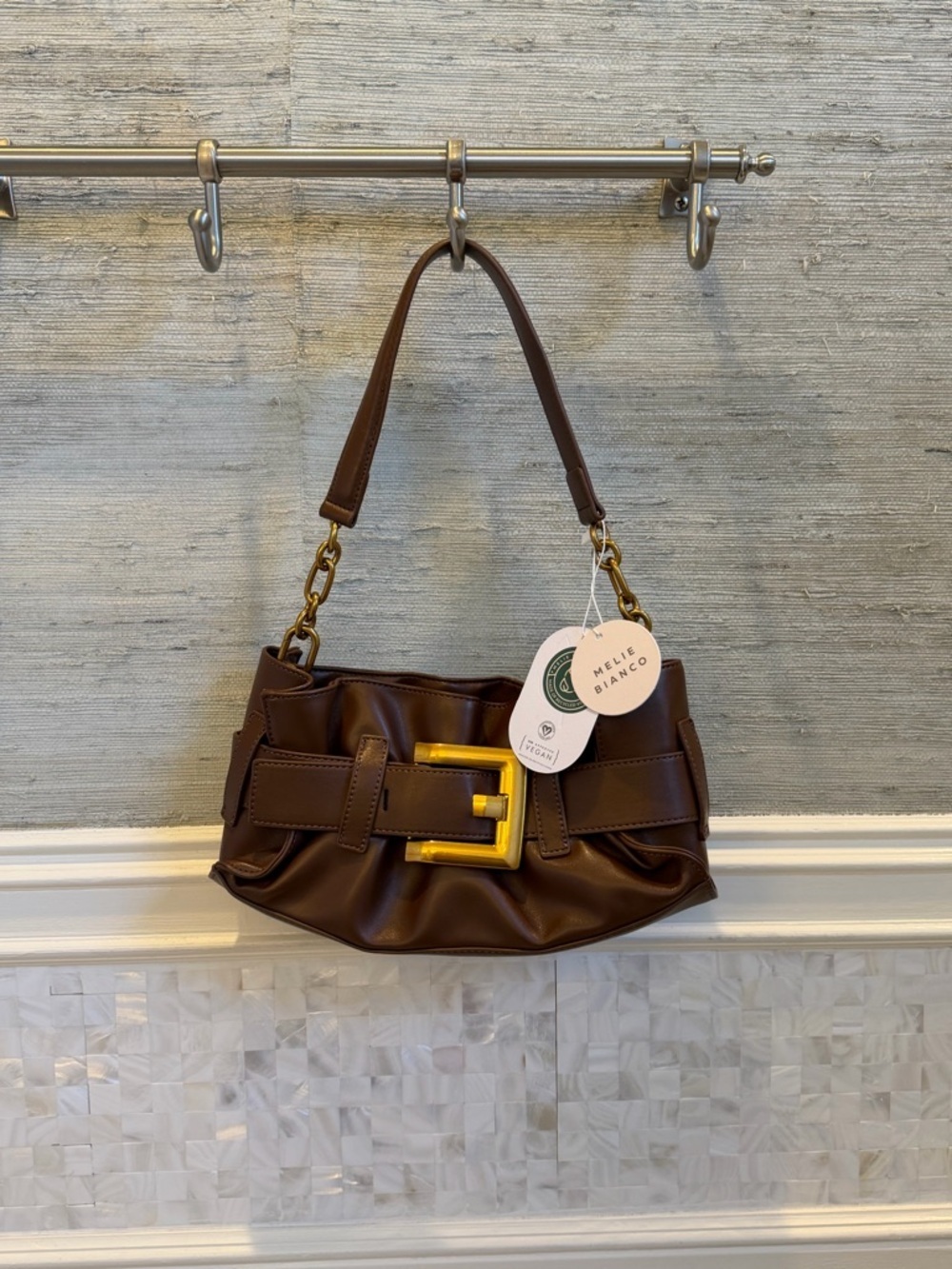 NWT new Melie Bianco Chocolate Brown Shoulder Bag Gold Buckle faux leather
